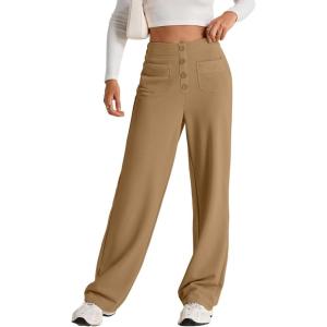 imageEVALESS Womens Spring 2025 Dress Pants High Waist Straight Leg Pants Button Down Bottoms Work Pants Trousers with PocketsC Khaki