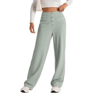imageEVALESS Womens Spring 2025 Dress Pants High Waist Straight Leg Pants Button Down Bottoms Work Pants Trousers with PocketsC Laurel Green