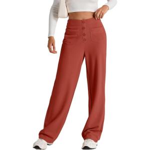 imageEVALESS Womens Spring 2025 Dress Pants High Waist Straight Leg Pants Button Down Bottoms Work Pants Trousers with PocketsC Orange