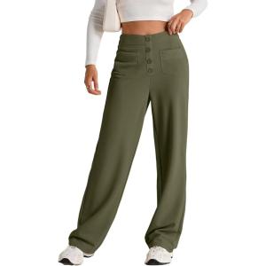 imageEVALESS Womens Spring 2025 Dress Pants High Waist Straight Leg Pants Button Down Bottoms Work Pants Trousers with PocketsGreen