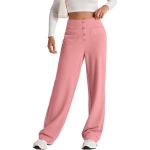 imageEVALESS Womens Spring 2025 Dress Pants High Waist Straight Leg Pants Button Down Bottoms Work Pants Trousers with PocketsPeach Blossom