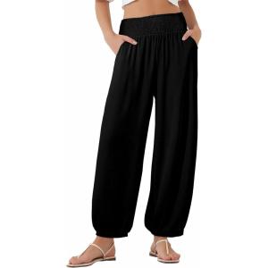 imageEVALESS Womens Wide Leg Baggy Pants Elastic High Waisted Casual Harem Pants Trousers with PocketsBlack