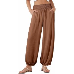 imageEVALESS Womens Wide Leg Baggy Pants Elastic High Waisted Casual Harem Pants Trousers with PocketsBrown