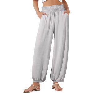 imageEVALESS Womens Wide Leg Baggy Pants Elastic High Waisted Casual Harem Pants Trousers with PocketsGrey