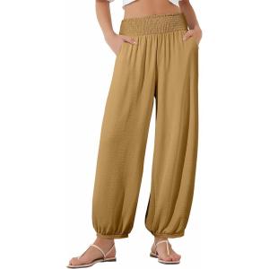 imageEVALESS Womens Wide Leg Baggy Pants Elastic High Waisted Casual Harem Pants Trousers with PocketsLight Brown