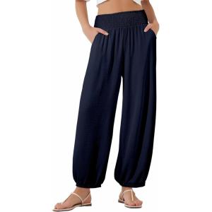imageEVALESS Womens Wide Leg Baggy Pants Elastic High Waisted Casual Harem Pants Trousers with PocketsNavy Blue