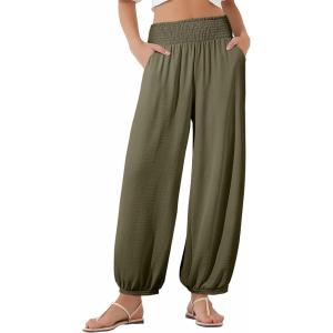 imageEVALESS Womens Wide Leg Baggy Pants Elastic High Waisted Casual Harem Pants Trousers with PocketsOlive Green
