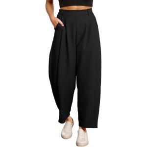 imageEVALESS Womens Wide Leg Barrel Pants Elastic High Waisted Side Pocket Palazzo Trousers Business Work Casual PantsBlack
