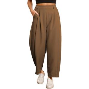 imageEVALESS Womens Wide Leg Barrel Pants Elastic High Waisted Side Pocket Palazzo Trousers Business Work Casual PantsBrown