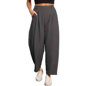 imageEVALESS Womens Wide Leg Barrel Pants Elastic High Waisted Side Pocket Palazzo Trousers Business Work Casual PantsDark Grey