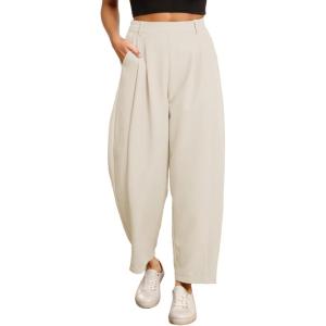 imageEVALESS Womens Wide Leg Barrel Pants Elastic High Waisted Side Pocket Palazzo Trousers Business Work Casual PantsLight Brown