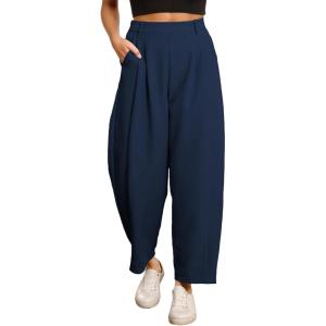 imageEVALESS Womens Wide Leg Barrel Pants Elastic High Waisted Side Pocket Palazzo Trousers Business Work Casual PantsNavy Blue