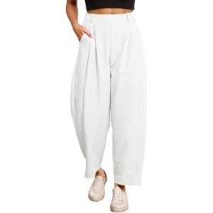 imageEVALESS Womens Wide Leg Barrel Pants Elastic High Waisted Side Pocket Palazzo Trousers Business Work Casual PantsWhite
