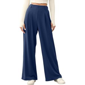 imageEVALESS Womens Wide Leg Pants Elastic High Waisted Waffle Knit Casual Palazzo Pants Trousers with PocketsDark Navy Blue