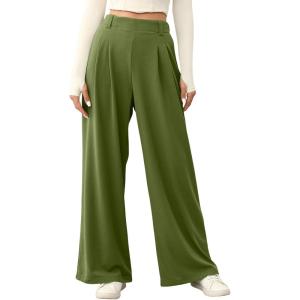 imageEVALESS Womens Wide Leg Pants Elastic High Waisted Waffle Knit Casual Palazzo Pants Trousers with PocketsJungle Green