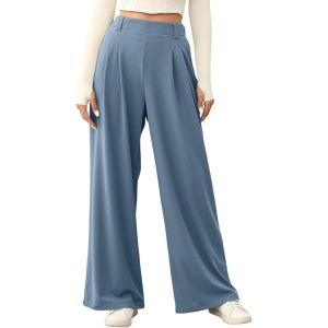 imageEVALESS Womens Wide Leg Pants Elastic High Waisted Waffle Knit Casual Palazzo Pants Trousers with PocketsLight Blue Haze