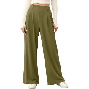 imageEVALESS Womens Wide Leg Pants Elastic High Waisted Waffle Knit Casual Palazzo Pants Trousers with PocketsOlive Green