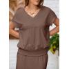 imageEVALESS Womens 2 Piece Sets Skirt Outfits Casual Short Sleeve Knit Tops Matching ALine Midi Skirts Dresses Lounge SetDark Brown