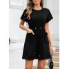imageEVALESS Womens Summer Dresses Casual Round Neck Ruffle Short Sleeve Flowy A Line Mini Dress with PocketsBlack
