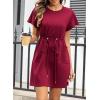 imageEVALESS Womens Summer Dresses Casual Round Neck Ruffle Short Sleeve Flowy A Line Mini Dress with PocketsBurgundy