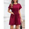 imageEVALESS Womens Summer Dresses Casual Round Neck Ruffle Short Sleeve Flowy A Line Mini Dress with PocketsBurgundy