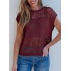 imageEVALESS Womens Tops Casual Summer Cap Short Sleeve Crochet Hollow Out Knit Sweater Vest Pullover TShirts Beach CoverupBurgundy