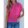 imageEVALESS Womens Tops Casual Summer Cap Short Sleeve Crochet Hollow Out Knit Sweater Vest Pullover TShirts Beach CoverupRose Red