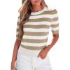 imageEVALESS Womens Short Sleeve Sweaters Tops Trendy Crewneck Striped Hollow Out Knit T Shirts Casual Summer BlousesKhaki Stripe