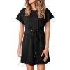 imageEVALESS Womens Summer Dresses Casual Round Neck Ruffle Short Sleeve Flowy A Line Mini Dress with PocketsBlack