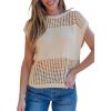 imageEVALESS Womens Tops Casual Summer Cap Short Sleeve Crochet Hollow Out Knit Sweater Vest Pullover TShirts Beach CoverupApricot