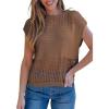 imageEVALESS Womens Tops Casual Summer Cap Short Sleeve Crochet Hollow Out Knit Sweater Vest Pullover TShirts Beach CoverupCoffee