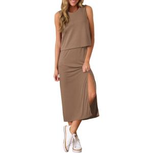 imageEVALESS WomenS 2 Piece Outfits Dressy Casual 2025 Summer Tank Top and Midi Skirt Matching SetsBrown