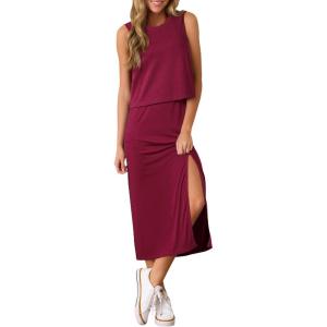 imageEVALESS WomenS 2 Piece Outfits Dressy Casual 2025 Summer Tank Top and Midi Skirt Matching SetsBurgundy
