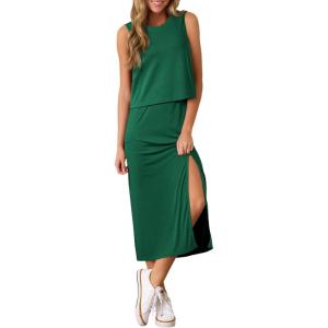 imageEVALESS WomenS 2 Piece Outfits Dressy Casual 2025 Summer Tank Top and Midi Skirt Matching SetsDark Green