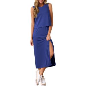 imageEVALESS WomenS 2 Piece Outfits Dressy Casual 2025 Summer Tank Top and Midi Skirt Matching SetsRoyal Blue