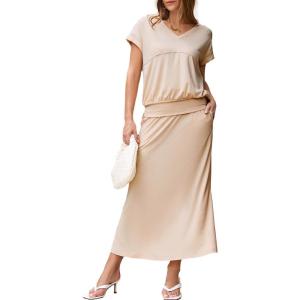 imageEVALESS Womens 2 Piece Sets Skirt Outfits Casual Short Sleeve Knit Tops Matching ALine Midi Skirts Dresses Lounge SetBeige