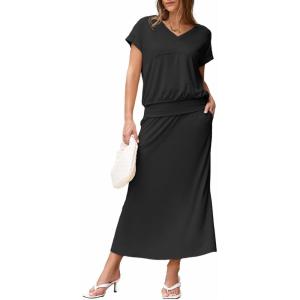 imageEVALESS Womens 2 Piece Sets Skirt Outfits Casual Short Sleeve Knit Tops Matching ALine Midi Skirts Dresses Lounge SetBlack