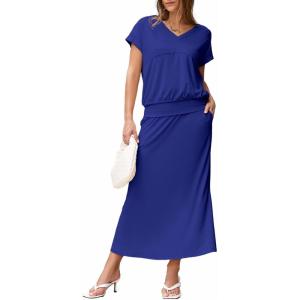 imageEVALESS Womens 2 Piece Sets Skirt Outfits Casual Short Sleeve Knit Tops Matching ALine Midi Skirts Dresses Lounge SetDark Blue