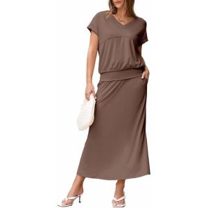 imageEVALESS Womens 2 Piece Sets Skirt Outfits Casual Short Sleeve Knit Tops Matching ALine Midi Skirts Dresses Lounge SetDark Brown