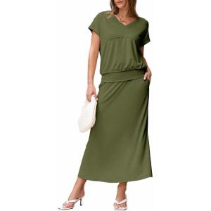 imageEVALESS Womens 2 Piece Sets Skirt Outfits Casual Short Sleeve Knit Tops Matching ALine Midi Skirts Dresses Lounge SetJungle Green
