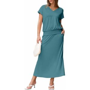 imageEVALESS Womens 2 Piece Sets Skirt Outfits Casual Short Sleeve Knit Tops Matching ALine Midi Skirts Dresses Lounge SetLake Green