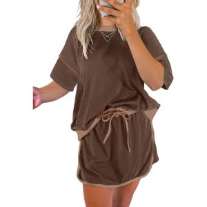 imageEVALESS Womens 2 Piece Sets Summer Casual Short Sleeve Tops Matching Drawstring Mini Skirt Going Out Lounge OutfitsDark Brown