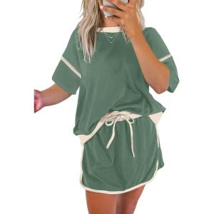 imageEVALESS Womens 2 Piece Sets Summer Casual Short Sleeve Tops Matching Drawstring Mini Skirt Going Out Lounge OutfitsGreen