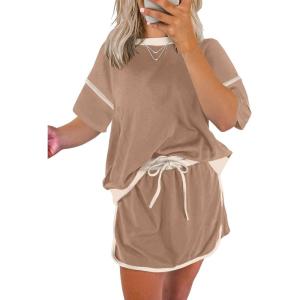 imageEVALESS Womens 2 Piece Sets Summer Casual Short Sleeve Tops Matching Drawstring Mini Skirt Going Out Lounge OutfitsKhaki