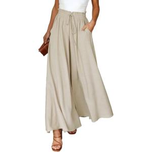 imageEVALESS Womens Casual Wide Leg Pants Flowy Elastic Drawstring Waist Palazzo Pants with PocketsBeige