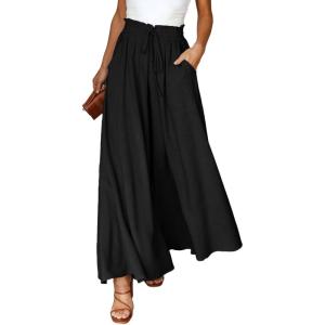imageEVALESS Womens Casual Wide Leg Pants Flowy Elastic Drawstring Waist Palazzo Pants with PocketsBlack