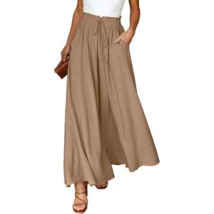 imageEVALESS Womens Casual Wide Leg Pants Flowy Elastic Drawstring Waist Palazzo Pants with PocketsKhaki