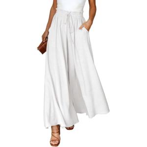 imageEVALESS Womens Casual Wide Leg Pants Flowy Elastic Drawstring Waist Palazzo Pants with PocketsWhite