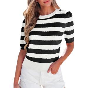 imageEVALESS Womens Short Sleeve Sweaters Tops Trendy Crewneck Striped Hollow Out Knit T Shirts Casual Summer BlousesBlack Stripe