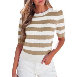 imageEVALESS Womens Short Sleeve Sweaters Tops Trendy Crewneck Striped Hollow Out Knit T Shirts Casual Summer BlousesKhaki Stripe